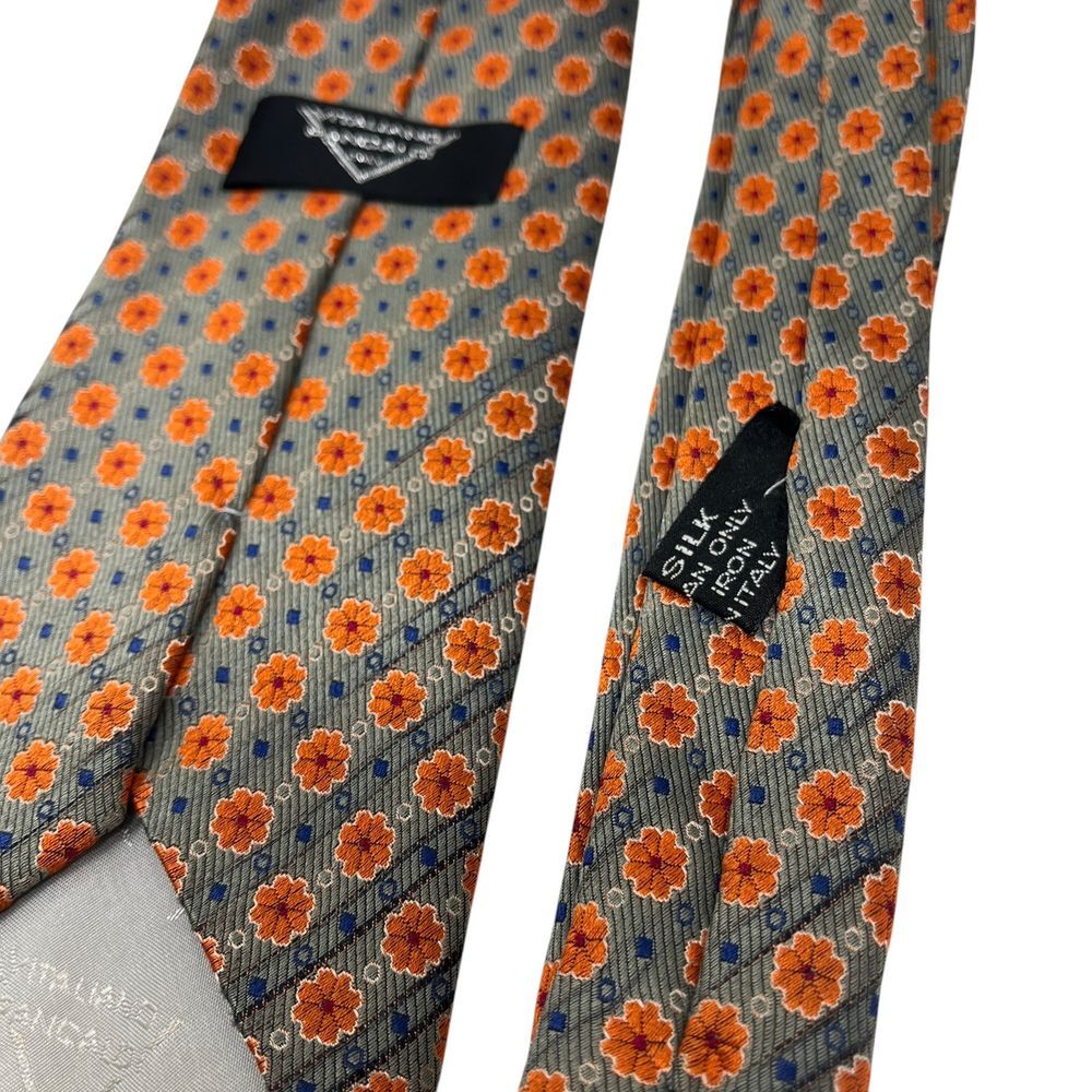 Vitaliano Pancaldi Tie 100% Silk Mens‎ Italy Silver Gray Orange Floral Necktie